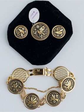 Vintage Damascene Medallion Jewelry Set IA Midas Toledo Spain Gold Tone & Enamel